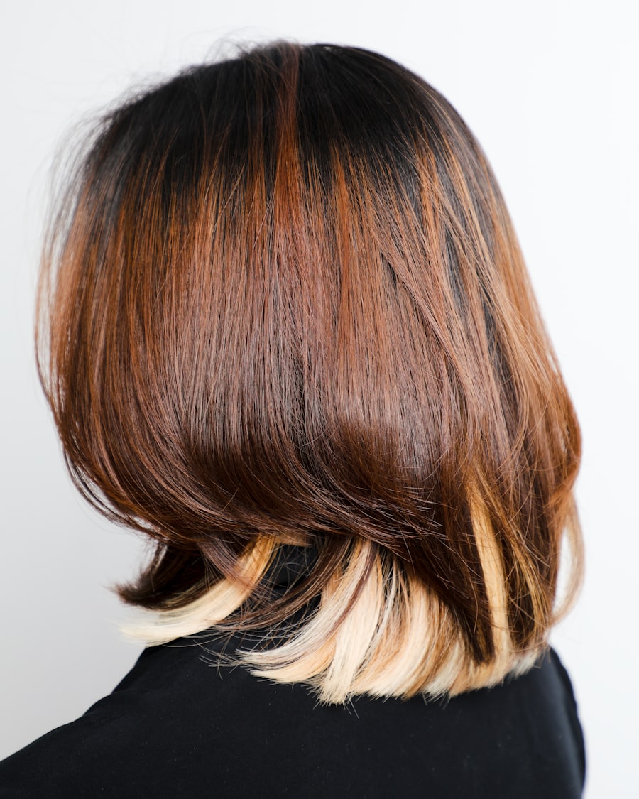 Glossy copper bob with a sharp edge