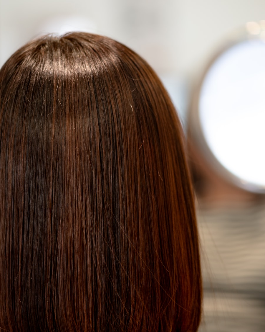 Long copper hair mid trim, glossy finish